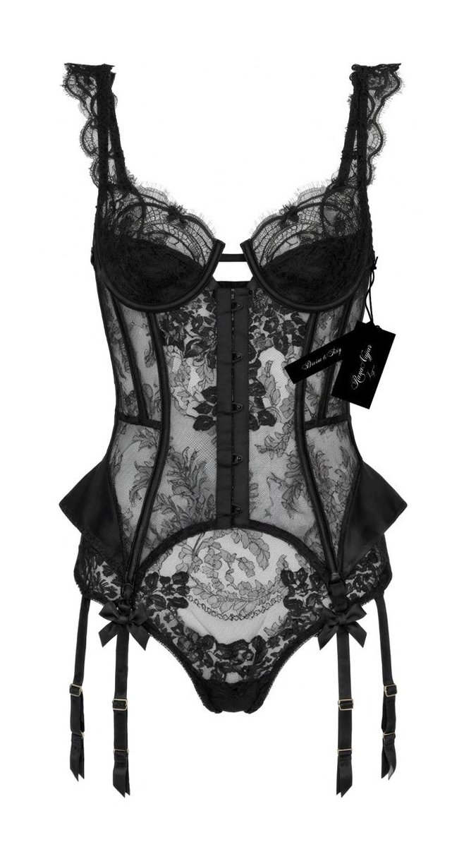 Un body corset en dentelle florale noire transparente, avec bonnets à armatures, nœuds en satin et jarretières intégrées pour un look spectaculaire et séduisant