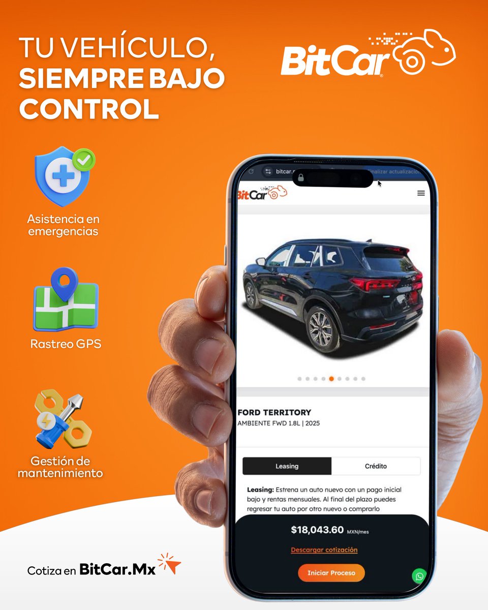 bitcar_mx's tweet photo. todo en la palma de tu mano 
Es el momento perfecto para tener tu vehículo siempre bajo control.
Con nuestro servicio integral cuentas con respaldo en todo momento: seguro, rastreo GPS y gestión de mantenimiento para que solo te preocupes por manejar 
Cotiza fácil, rápido. https://t.co/kpq3dmx3ZW