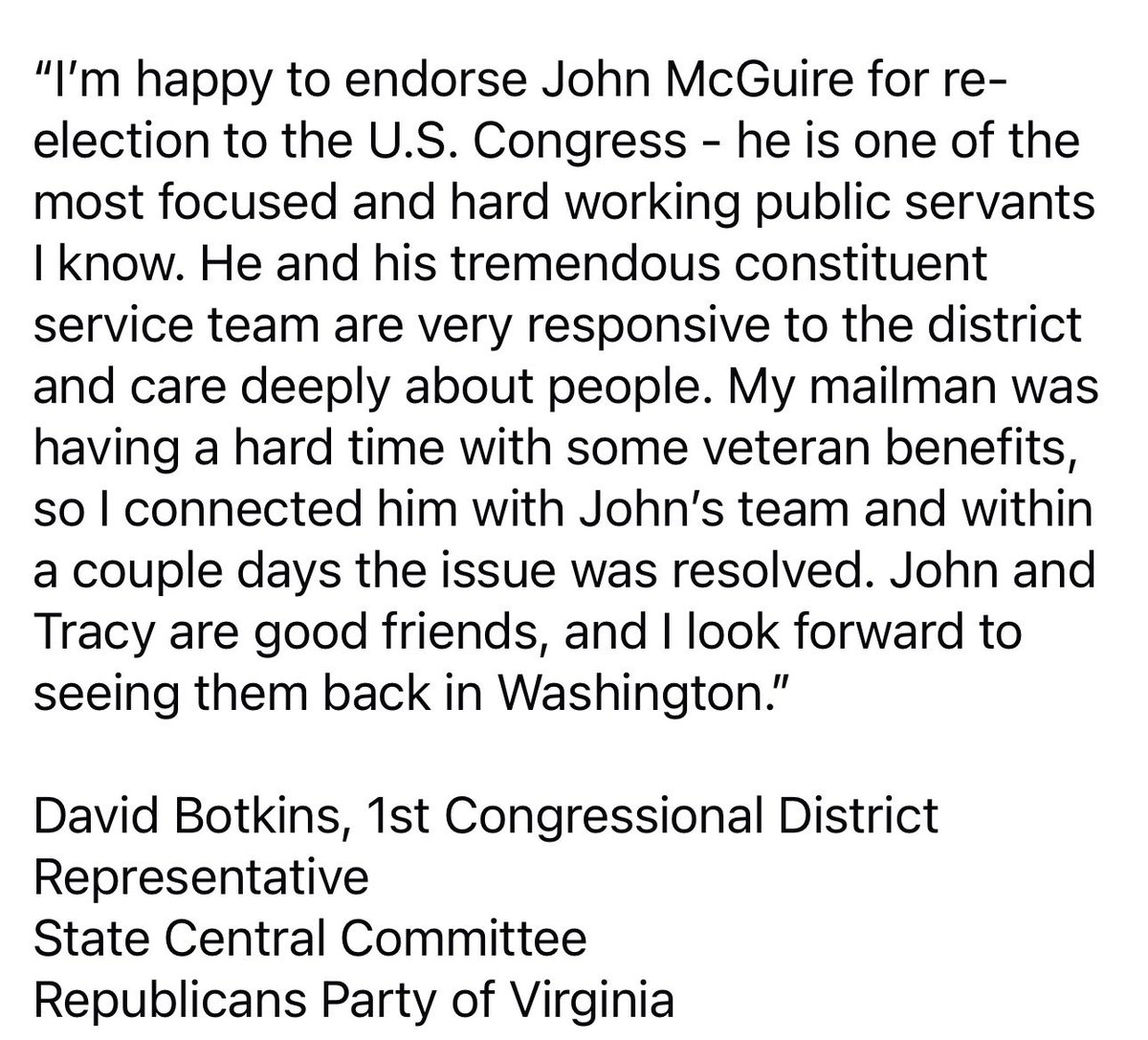 JohnMcGuire4VA's tweet photo. It’s an honor to be endorsed by my friend, and State Central Committee member, @DavidBotkins. David is always working hard to help Republicans win all over Virginia. 🇺🇸 https://t.co/THpJk4wea3