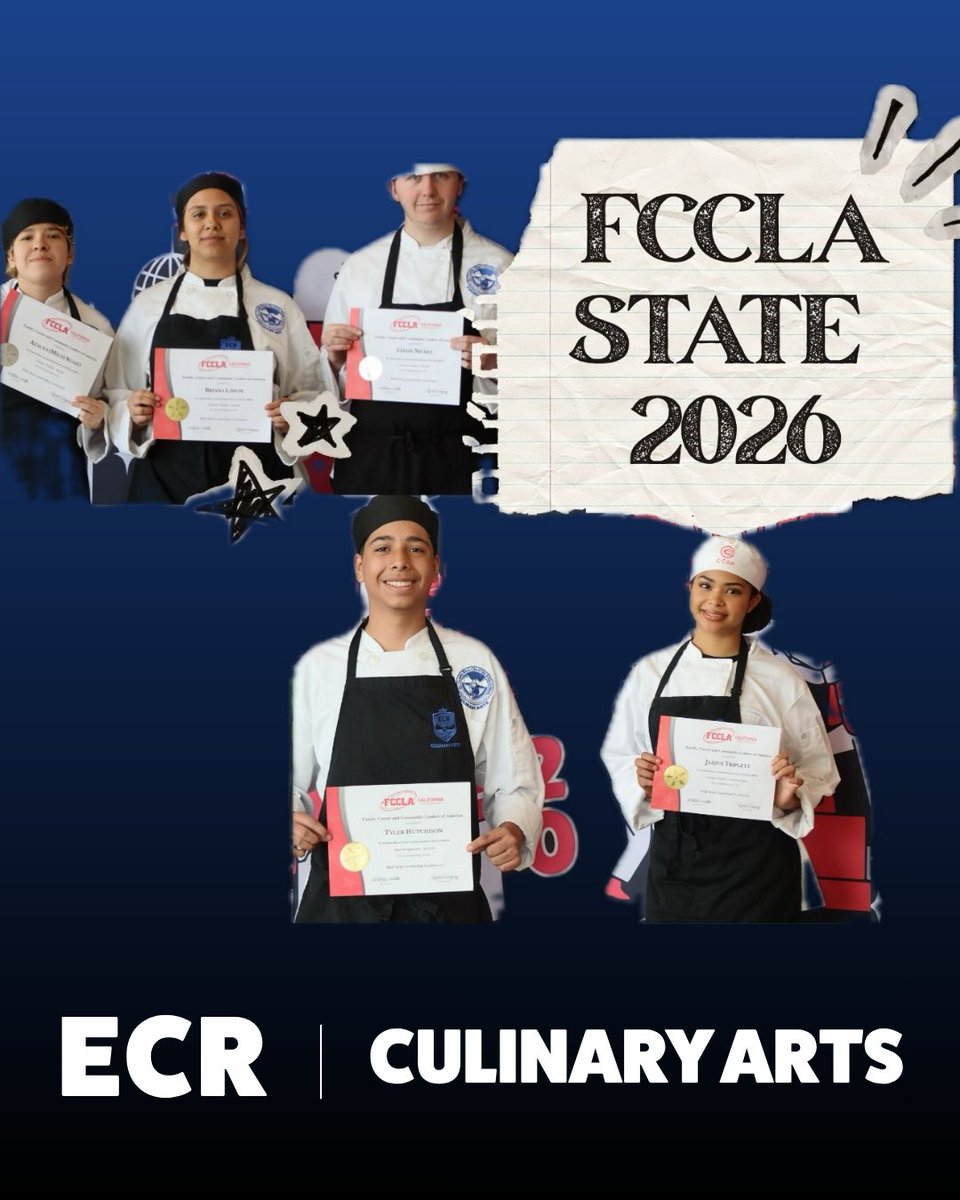 ECRCHS's tweet photo. Culinary Arts cooks it up at FCCLA! 🍽️

At the FCCLA State Conference, 16 ECR culinary students competed and earned outstanding recognition, including Gold Seals for Tyler Hutchison, Jaidyn Triplett, Briana Limon, and Abigail Parker, as well as 7 Silver awards across multiple categories.

We also celebrate two standout C‑CAP accomplishments:
Tyler Driscoll earned a $2,500 scholarship, and Maya Basta received the Top Junior Award, a $1,000 scholarship, and a trip to New York City.🎉

We are extremely proud of our Culinary Arts Program!

Go Royals! 🐻🎉

#GoRoyals #WeAreECR #CulinaryArts #FCCLA #StudentSuccess