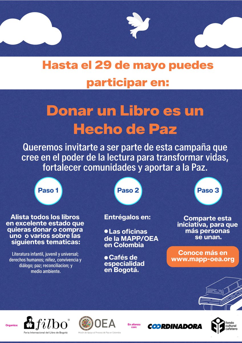 MAPPOEA's tweet photo. ¡Ampliamos el plazo para donar libros! 📚🕊️

Recuerda que todas las donaciones serán destinadas a instituciones educativas en comunidades afectadas por el conflicto armado y a centros penitenciarios.

Puedes donar en nuestras oficinas de la MAPP/OEA en diferentes departamentos del país o acercarte a uno de los 15 cafés de especialidad en Bogotá ☕📖

Cada libro que entregas puede abrir nuevas historias, oportunidades y caminos de paz.

¡Te esperamos!
