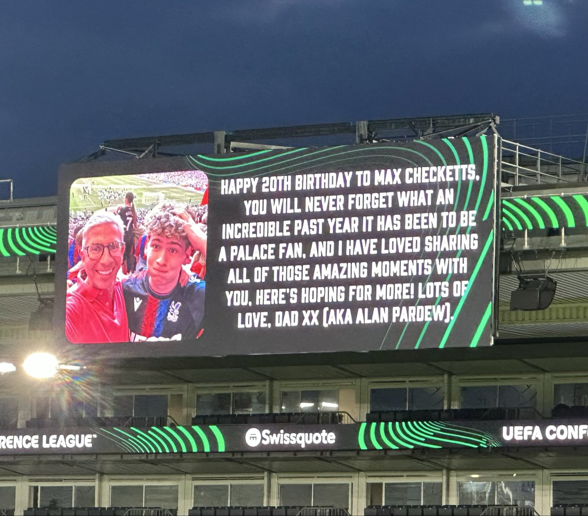 AndyChecks's tweet photo. What a 20th birthday night for my lad, Max Checketts, an amazing night at Selhurst Park for us. On our way to Leipzig! 
Also happy 30th to my nephew @CheckettsDJ, now World Cup ready! https://t.co/oGQMp9DUTY