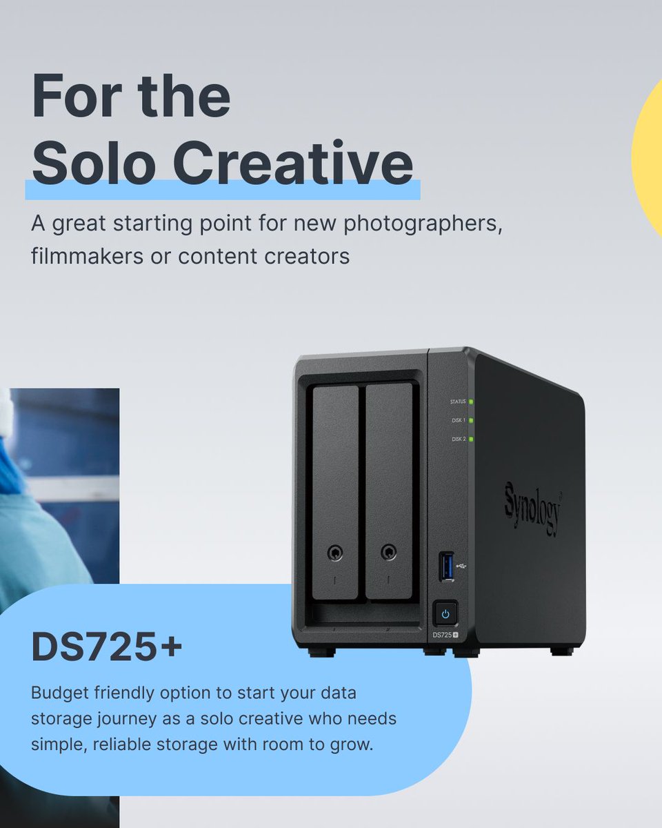 Synology's tweet photo. 📷🎥Whether you’re just starting out or already have a full client roster, upgrade your workflow with a NAS that fits your content needs. 

Level up your data storage: https://t.co/WChuIUDUaC 

#ContentCreators #VideoEditing #photographyworkflow #creativeworkflow #synologynas https://t.co/KU3cOJVe2S