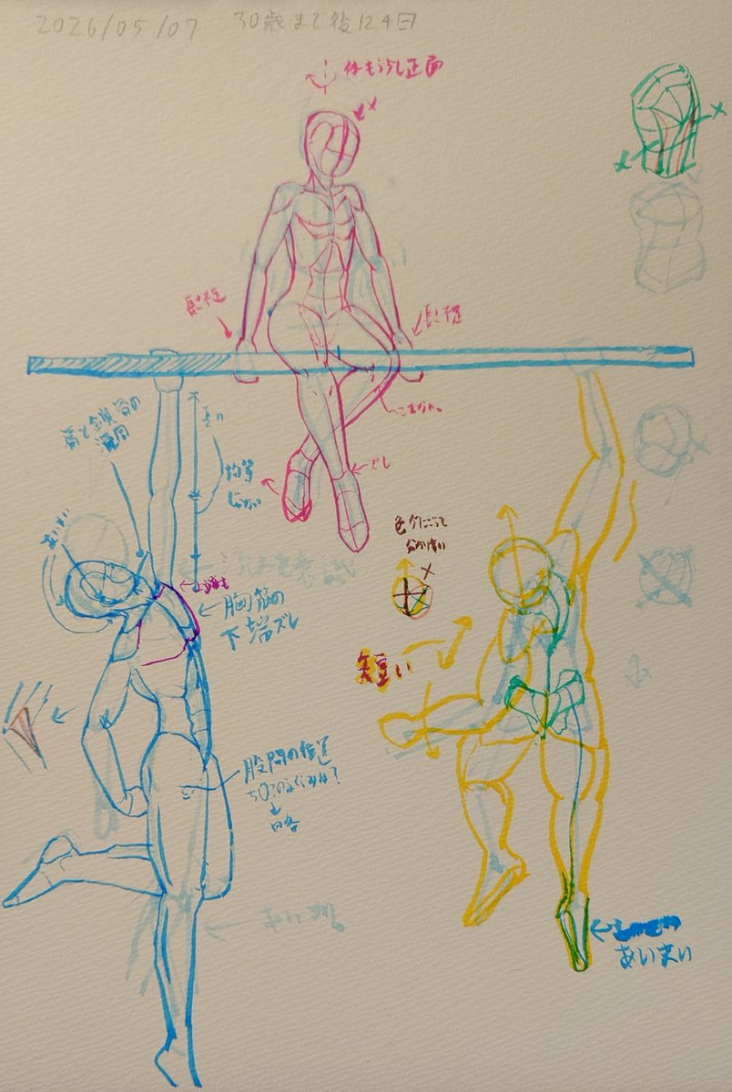 229日目、ポーズ練習を実施。練習時間は1h12m。
『鉄棒にぶら下がる』をテーマに、人物サイズをそろえてポーズを取らせてみた。以前も生じていた『胴体以外を起点として描くと身体のパーツが色々ズレる』課題について、ひとまず一週間これで補正していく。
次回はポーズ練習を実施する。