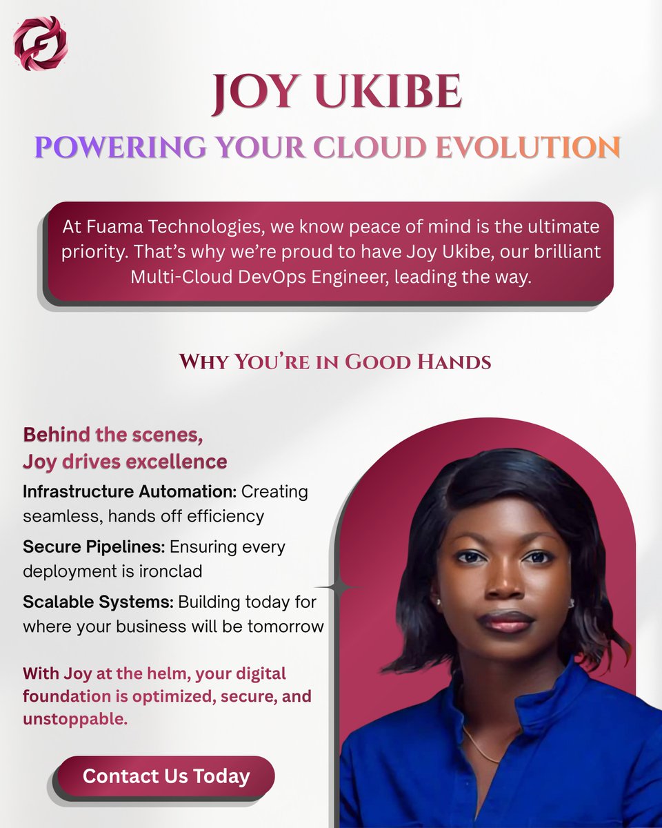 FuamaTech's tweet photo. Expertise you can trust. ☁️

Meet Joy Ukibe, the Multi-Cloud DevOps Engineer leading the charge at Fuama Technologies. Joy specializes in building scalable, secure, and automated systems that give our clients ultimate peace of mind.

Your digital foundation deserves the best. https://t.co/mPkk9ROw0I