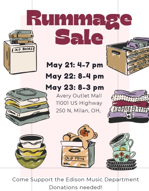 edison_bands's tweet photo. In 2 weeks, we will have our annual Rummage Sale supporting the Edison Music Department &amp; Music Boosters. Please consider supporting by either attending, volunteering, or bringing in donations! 🎶 https://t.co/2qPvrM4Lzb