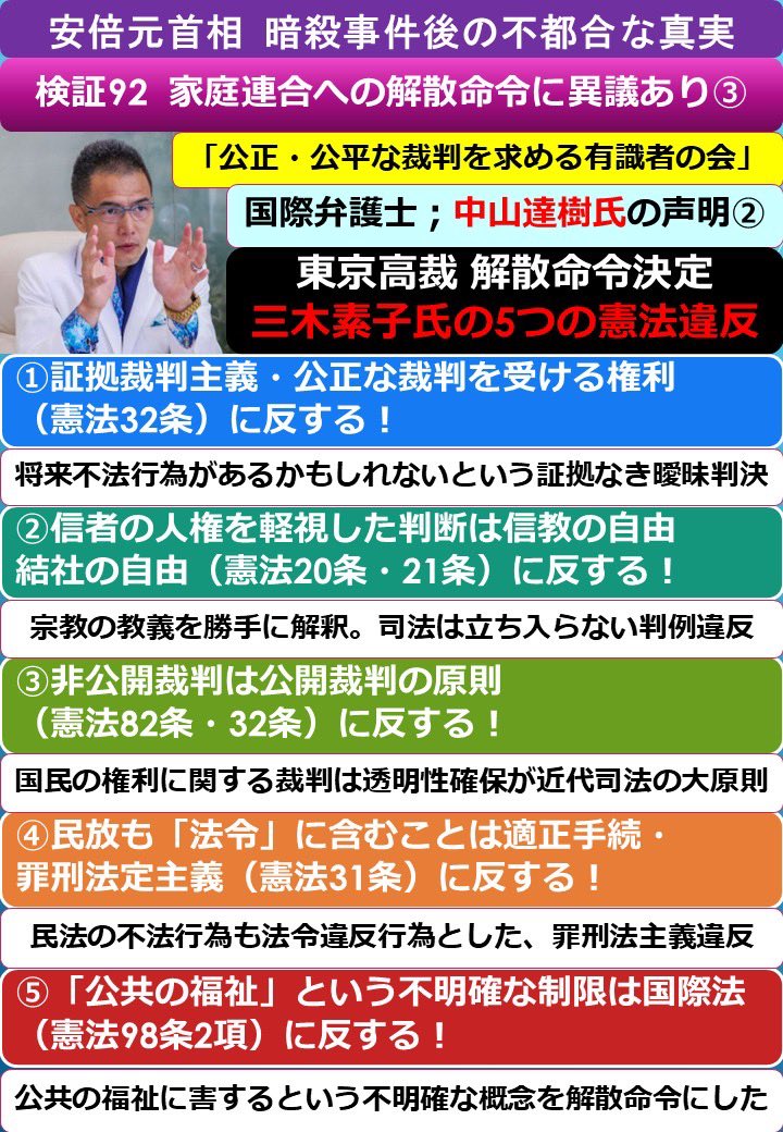 Maniac77kk's tweet photo. 安倍元首相暗殺後の不都合な真実92

東京高裁 三木素子裁判長の5つの憲法違反‼️中山逹樹弁護士の声明②

岸田文雄からの指示で、解散ありきで進められている家庭連合裁判

文科省も消費者庁も裁判長も、捏造、偏向、証拠無視、憲法無視で進行中‼️

憲法を知るまともの弁護士ならば、この判決文に違和感を感じるはずだが？

中山逹樹弁護士も、鈴木謙也裁判長も、三木素子裁判長も、皆東京大学卒で司法試験を合格しているのに、何が違うのか？
#家庭連合 #国際法違反