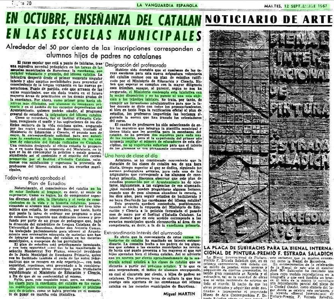 Esta es La Vanguardia de 1967, durante el franquismo.

Explica cómo el catalán se enseñaba 5 h/semana en las escuelas de BCN, es decir, más del doble que ahora el español en las escuelas de la Generalitat, 2 h/semana.

Esto tb es #MemoriaHistorica aunque el nacionalismo lo oculte