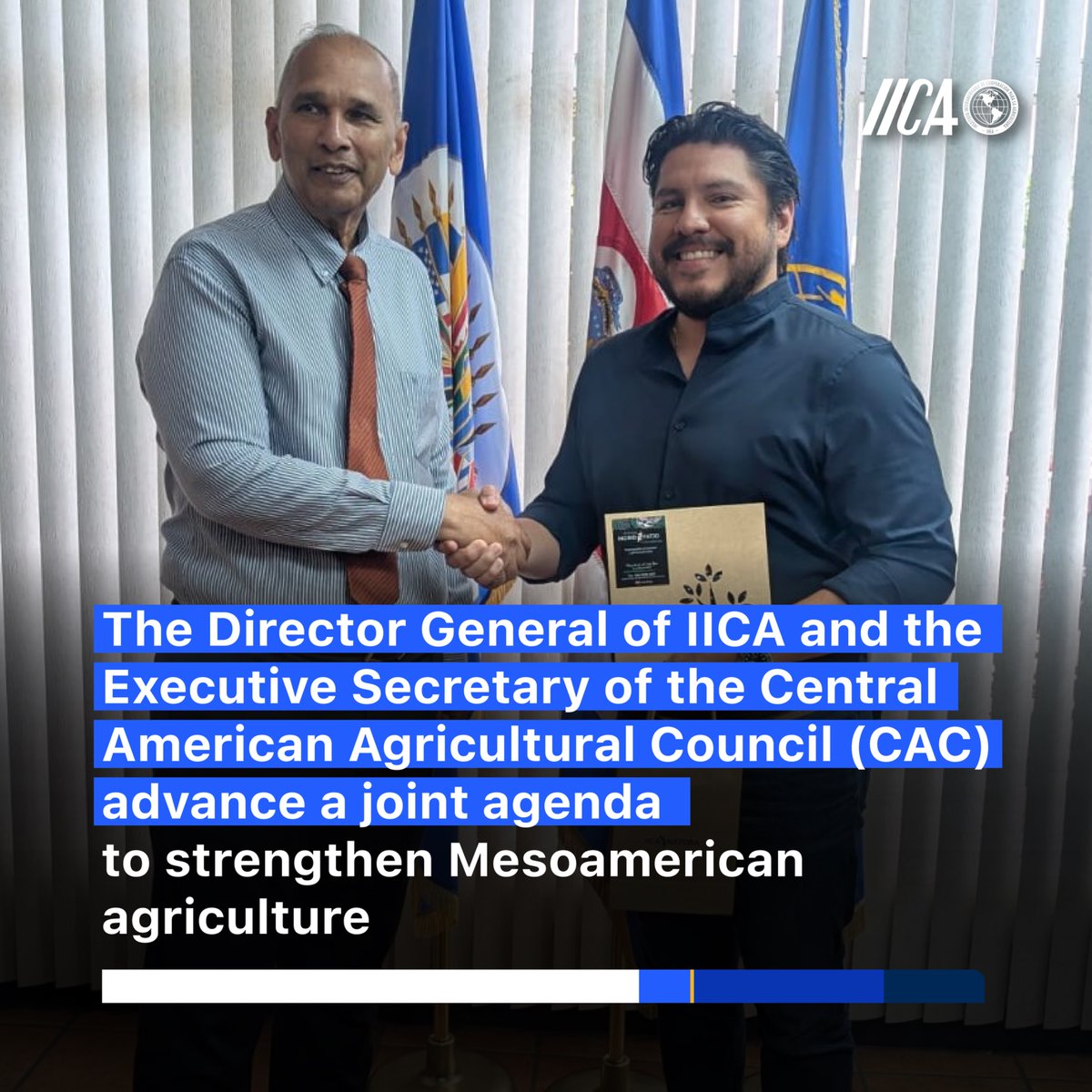 IICAnews's tweet photo. A shared path to strengthen regional agriculture. 🌎🌱

🤝 Muhammad Ibrahim, Director General of IICA, met with David Martínez, Executive Secretary of the Central American Agricultural Council (CAC). 

✅ Both agreed to advance a joint agenda that includes key issues such as insurance, guarantee funds, and financing for the Mesoamerican agricultural sector.

👉 Also addressed in the meeting were the issues caused by the El Niño phenomenon in the region, and the need to build tools that facilitate decision-making.

👉 In addition, Martínez invited Ibrahim to participate in strategic meetings that the CAC is set to hold in the coming weeks.

🙌 Martínez’s visit to meet with the IICA Director General also made it possible to strengthen institutional ties and underscore the importance of joint support and a coordinated and expanded regional agenda, including issues such as agricultural health, food security, migration, and market development. 

@MIbrahimIICA @MartinezDavid_1 @Secretaria_CAC @Efeagro @IICA_Costa_Rica @IICAHonduras @IICA_PANAMA @iica_sv @IICAGuatemala @iica_belize

Learn more at: https://t.co/IV5f1sb7jH 

#IICA #CAC #MesoamericanAgriculture #CentralAmerica #ElNiño #FoodSecurity #InternationalCooperation