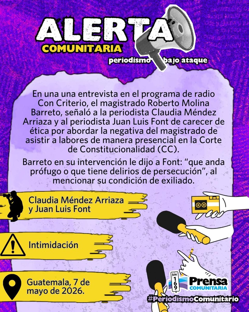 Los periodistas Claudia Méndez Arriaza y a Juan Luis Font, durante una entrevista al aire en el programa Con Criterio, fueron señalados de falta de ética por el magistrado Roberto Molina Barreto al ser abordarlo sobre su negativa de asistir de forma presencial a la Corte de