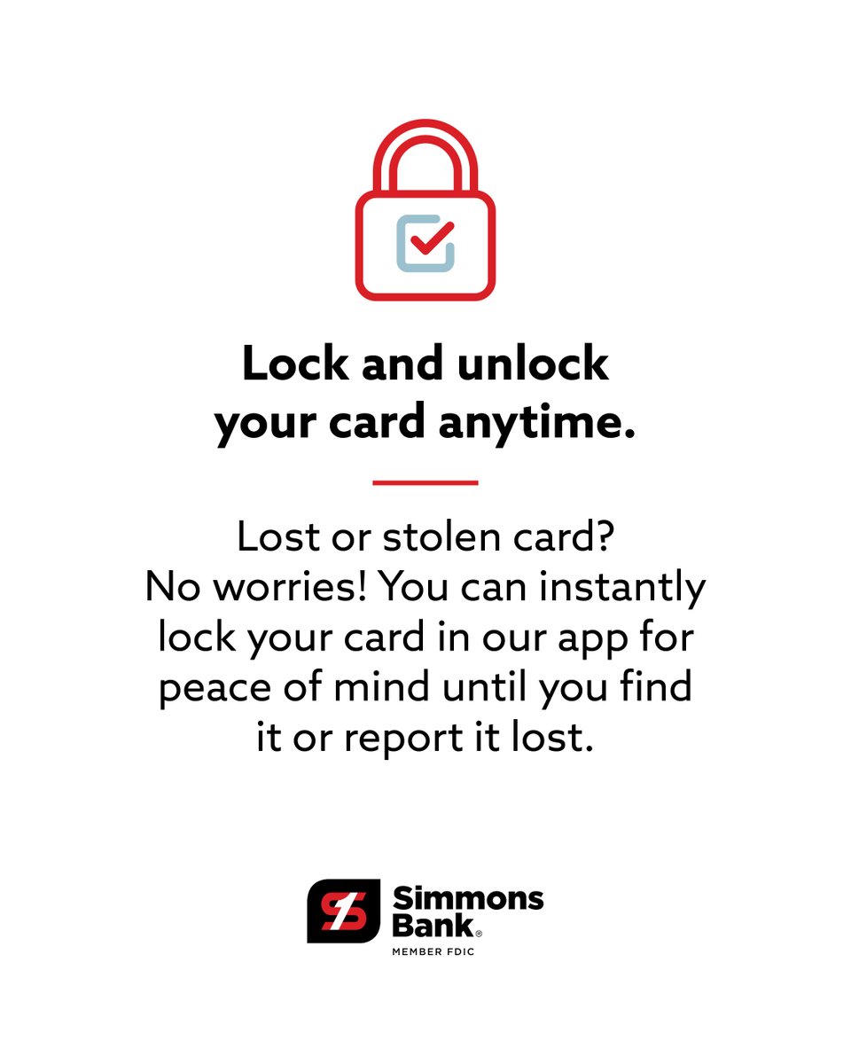 simmons_bank's tweet photo. Extra control, added peace of mind. Manage your debit and credit cards in our mobile and online app—lock or unlock, set limits, get alerts and more.
Learn more: https://t.co/2Sp25dXvOE https://t.co/1qLZzQmyMn