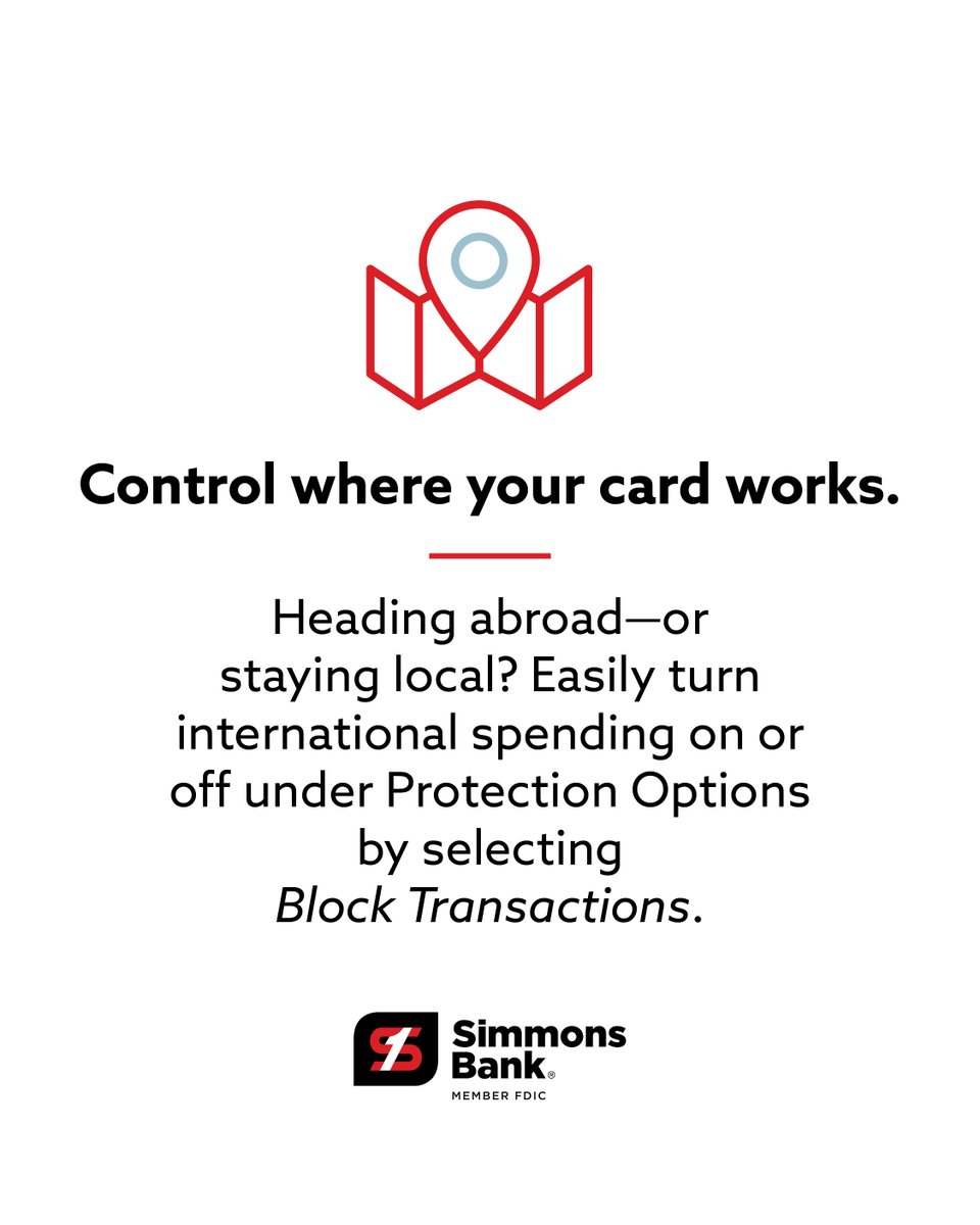 simmons_bank's tweet photo. Extra control, added peace of mind. Manage your debit and credit cards in our mobile and online app—lock or unlock, set limits, get alerts and more.
Learn more: https://t.co/2Sp25dXvOE https://t.co/1qLZzQmyMn