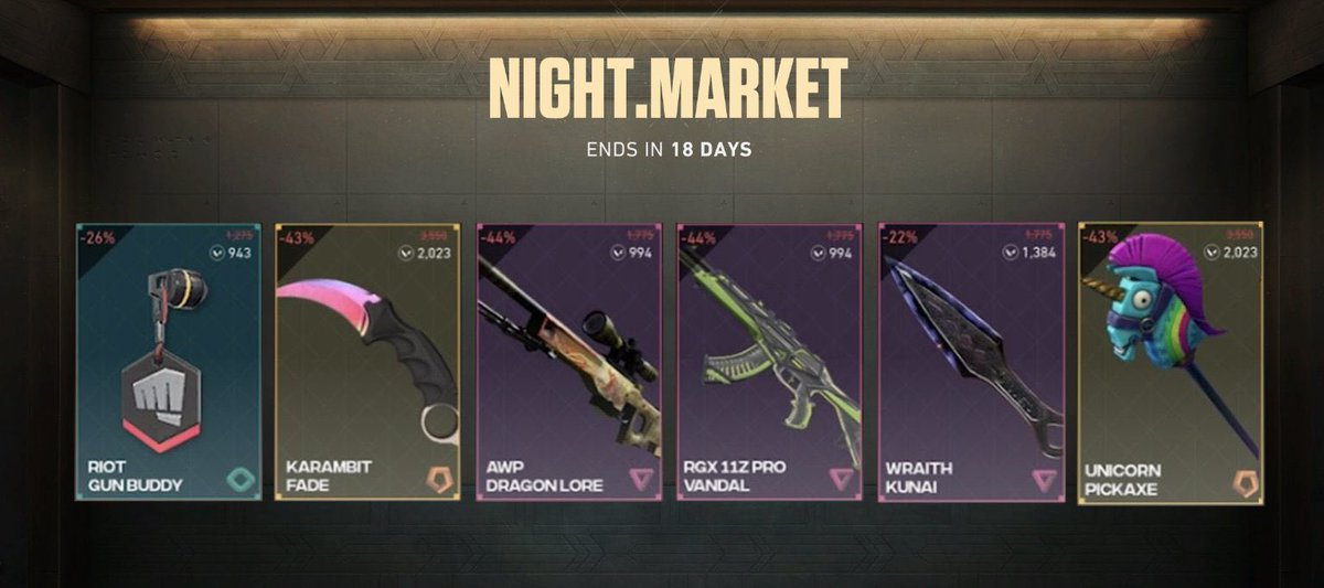 YHAclips's tweet photo. The NIGHT MARKET is out! What are you guys hoping for? | #VALORANT https://t.co/jlBOnrSstu