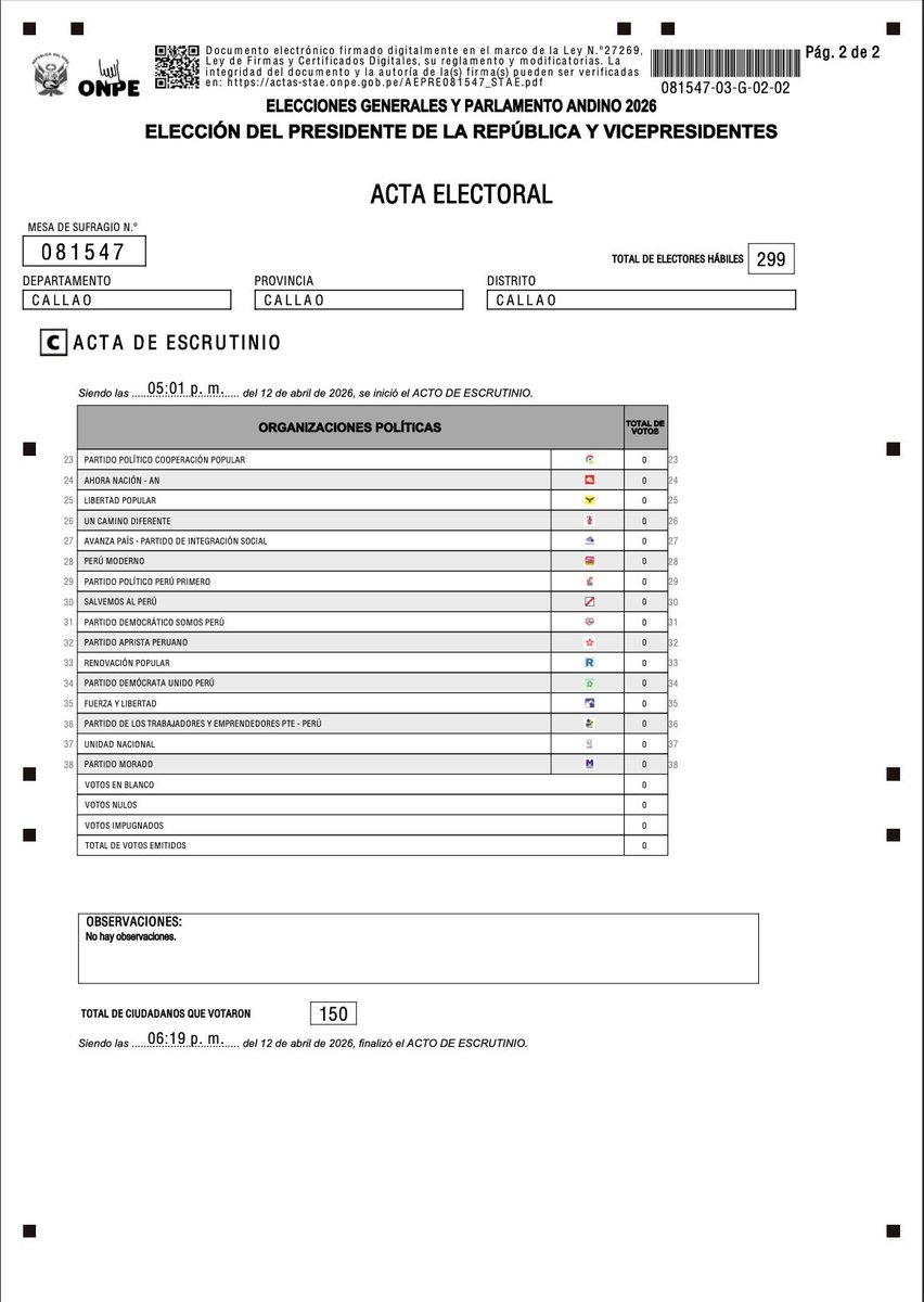Y SIGUEN APARECIENDO MÁS IRREGULARIDADES
💥🇵🇪 EXPLOSIVO: Dos actas electorales contradictorias en el Callao desatan alarma por fraude en las elecciones generales.

Un informe exhaustivo de Open Election Peru revela que en la mesa 081547 del IE José María Arguedas, en el Callao,