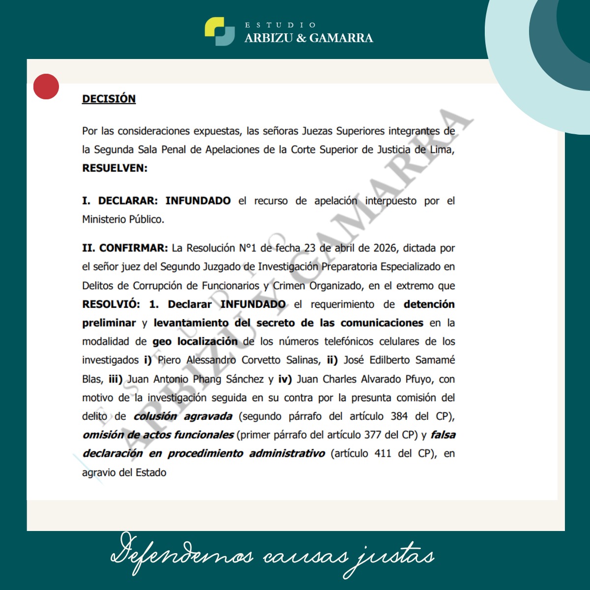 abgMaria14's tweet photo. Estudio @ArbizuGamarra
#defendemosCausasJustas 
Infundado la apelación del auto que declare infundado el pedido de detención preliminar https://t.co/vduM0FEDqa