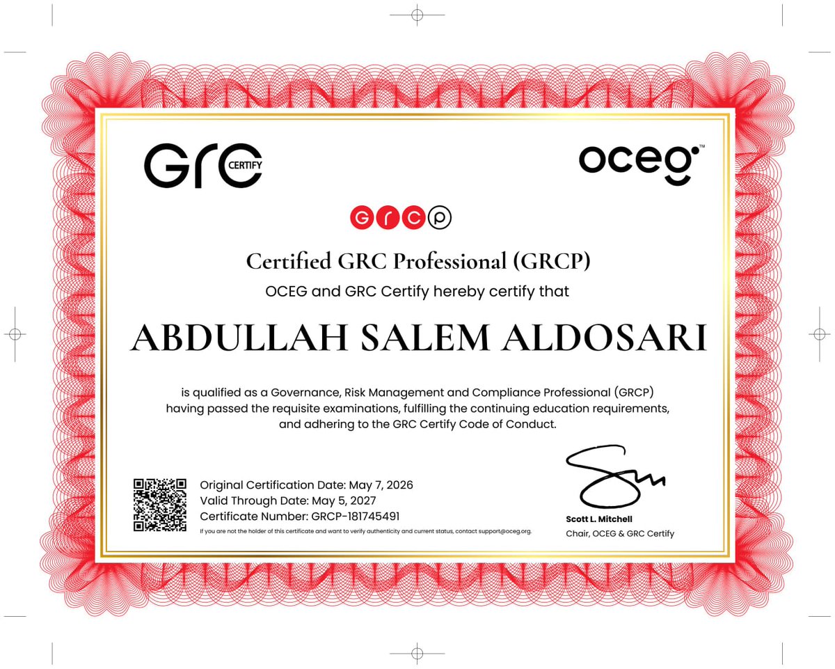 hatem4455's tweet photo. بفضل الله ، حصلت على شهادة:
محترف إدارة المخاطر والامتثال والحوكمة (GRCP)
وأتطلع من خلال هذا الإنجاز إلى تطبيق أفضل الممارسات المهنية، والمساهمة في رفع مستوى الكفاءة والجودة في بيئات العمل.
كل الشكر لكل من دعمني وشجعني 🌷
#الحوكمة #إدارة_المخاطر #الامتثال #GRCP #تطوير_مهني https://t.co/UNI5LJK5W7