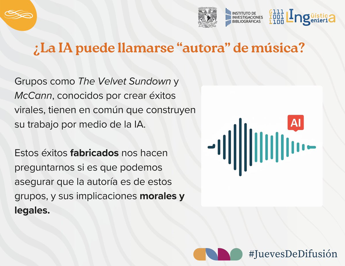 GIL_UNAM's tweet photo. ¿Habías imaginado que en los próximos años los hits musicales estarían compuestos por IA? 🤖🎼
En este #JuevesDeDifusión te mostramos el panorama actual de la industria musical en contacto con estas tecnologías. 🎸💻

#InteligenciaArtificial #IA #Música #Ciencia #Tecnología https://t.co/DpAJIfSrBE