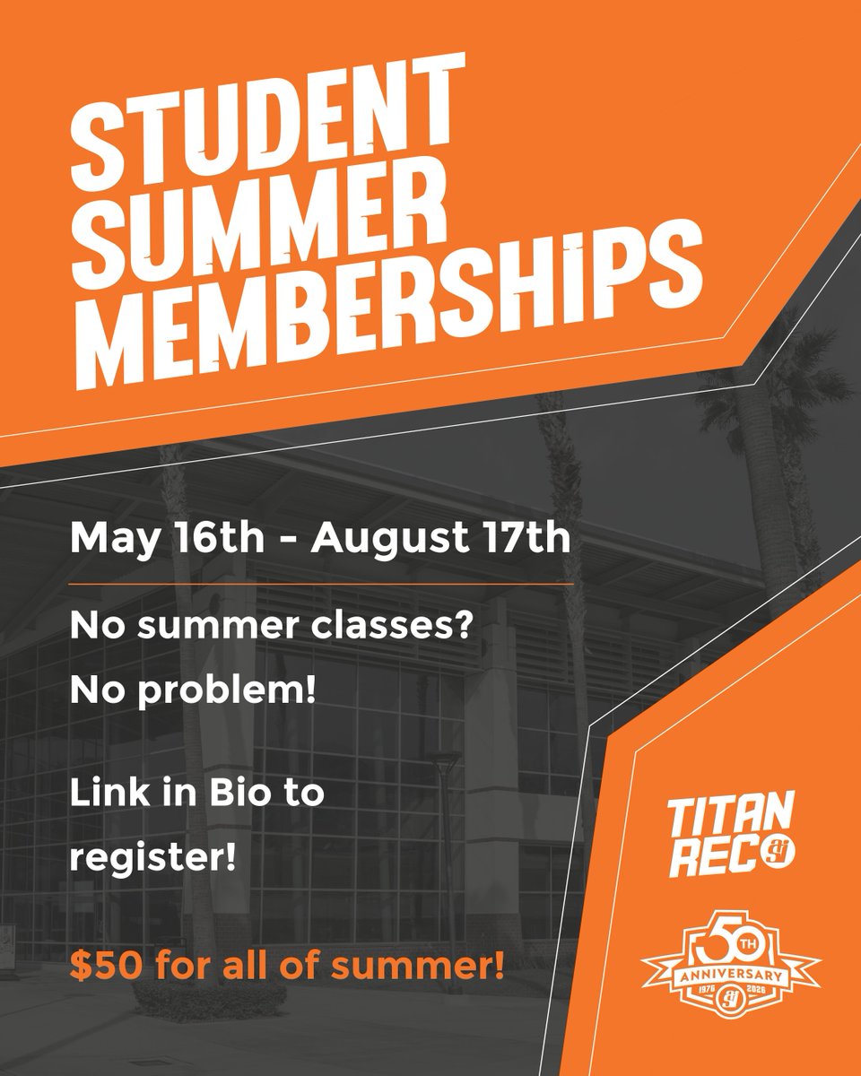 titanrecreation's tweet photo. ☀️ Stay active all summer with a Titan Rec Student Summer Membership!
🗓 May 16 – August 17
💲 Just $50 for the entire summer
Don’t miss out — register through the link in our bio and make this your strongest summer yet! 🏋️‍♀️🔥 https://t.co/Uf4WNgSyrC