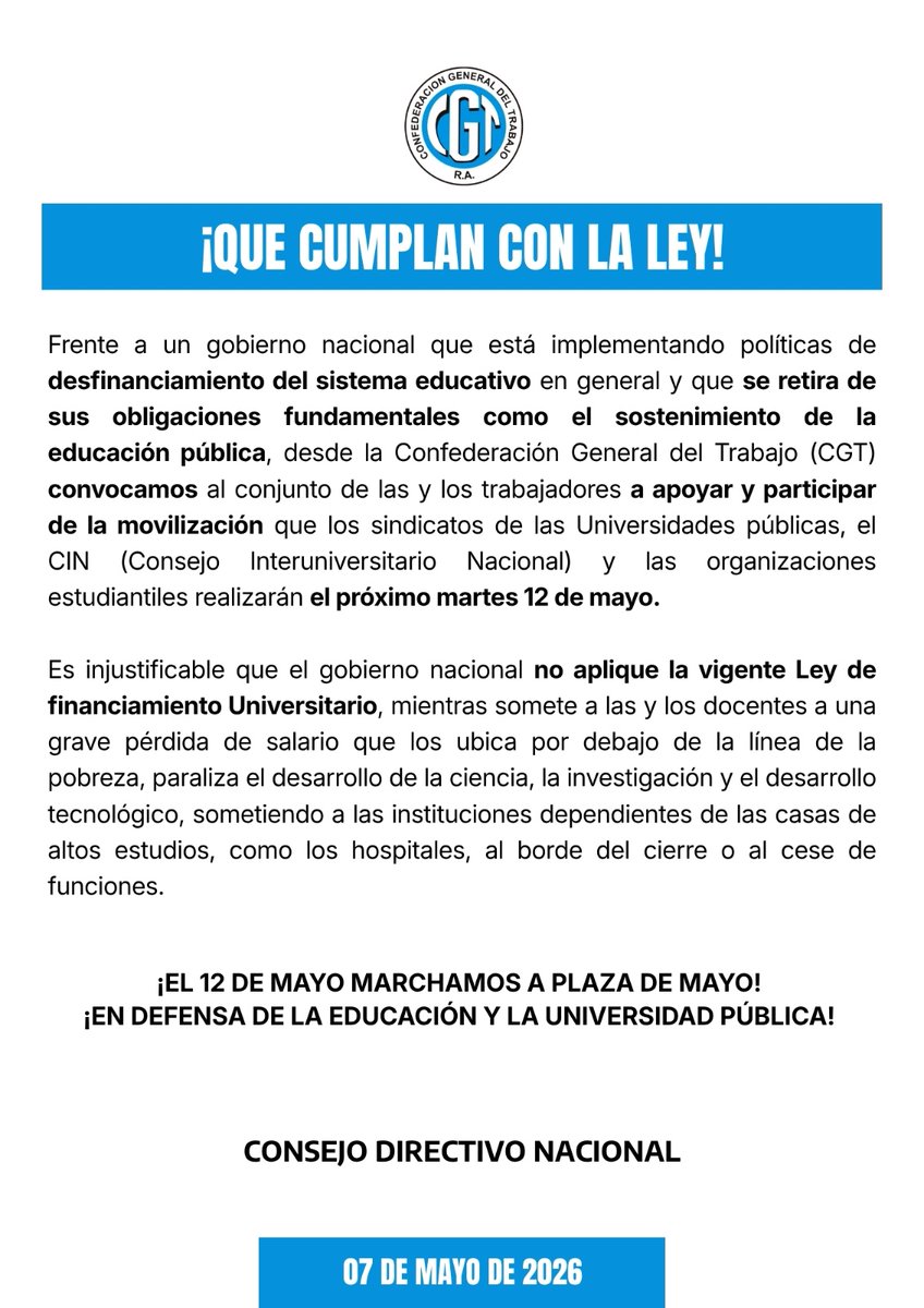 📚 ¡QUE CUMPLAN CON LA LEY!

Frente al desfinanciamiento del sistema educativo y el incumplimiento de la Ley de Financiamiento Universitario, desde la CGT convocamos a las y los trabajadores a acompañar y participar de la movilización en defensa de la educación pública y la