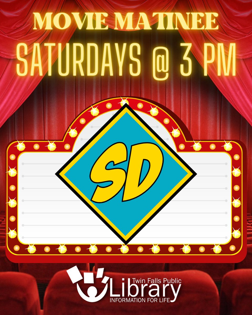 tfpl2's tweet photo. See a free movie matinee every Saturday at 3 PM at the Twin Falls Public Library! We can't put the title here, but see if you can guess based on the image, or visit our online calendar to see everything playing this month. https://t.co/g4b3cEIkY2