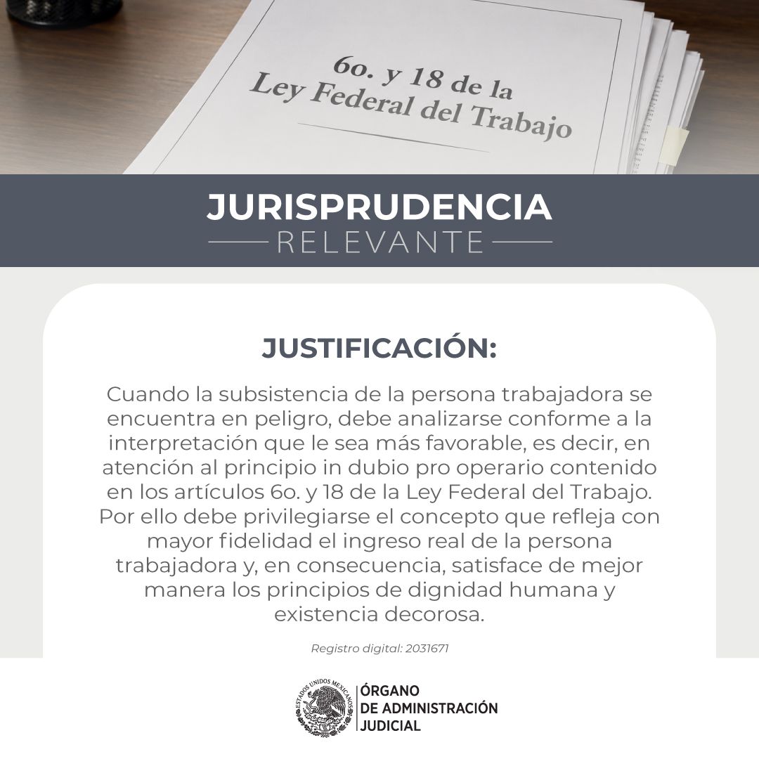 OAJ_Mex's tweet photo. #JurisprudenciaRelevante ⚖️ | El monto para garantizar la subsistencia de la persona trabajadora debe corresponder al salario diario integrado cuando éste se determine en la sentencia o laudo.

➡️ Consulta la jurisprudencia: https://t.co/CndAut5ANJ https://t.co/iuPNHxZLO9
