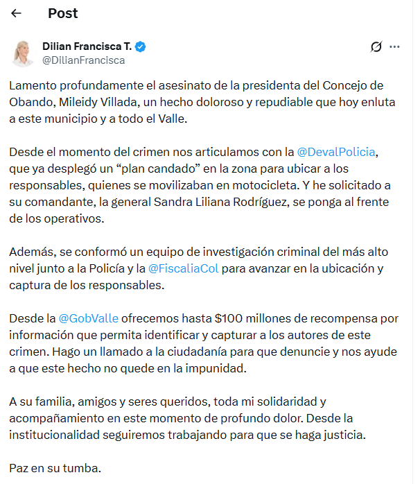 Caracol_Cali's tweet photo. #Solidaridad | La gobernadora del #ValledelCauca @DilianFrancisca, anunció un equipo de investigación de más alto nivel, ante el #Asesinato de Mileidy Villada, presidenta del Concejo Municipal de #Obando, ocurrido este jueves 7 de mayo, en el sector “Tres Esquinas”, barrio Jardín https://t.co/dPaczdHbbq