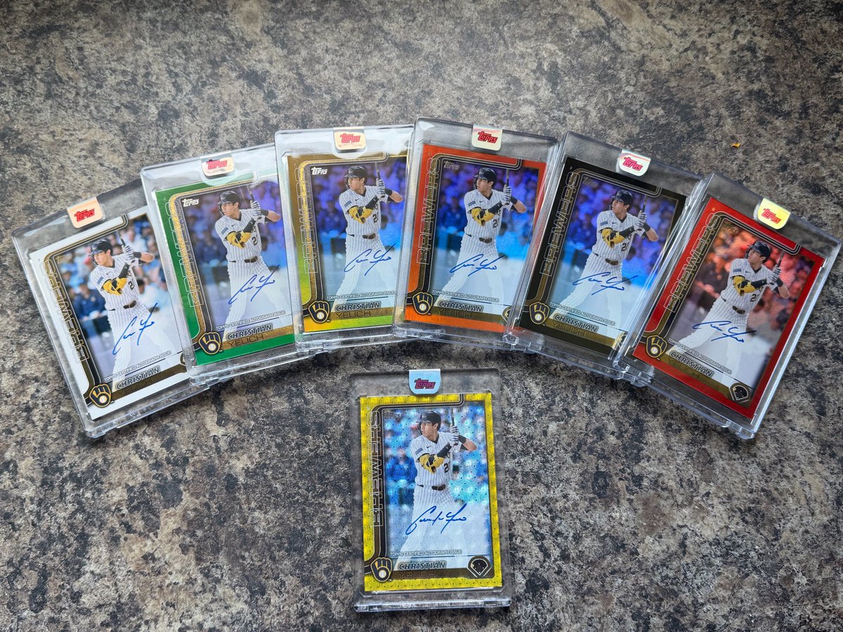 briangatkinson's tweet photo. 350 days later, @ChristianYelich 2025 @Topps Series 1 Real One Autograph Rainbow is complete. NFS/NFT 🌈 https://t.co/49cpQhx190