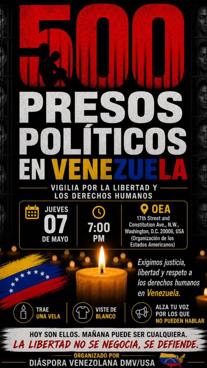 LyndaVida's tweet photo. πΊπΈWashington, D.C., May 7, 2026. Venezuelans gathered before the OAS in support of the more than 500 political prisoners and their families in Venezuela. President Trump just passed by. Venezuelans are doing their part, at home and abroad. @MariaCorinaYA @EdmundoGU @SG_OEA_OAS https://t.co/vswNH54kMf