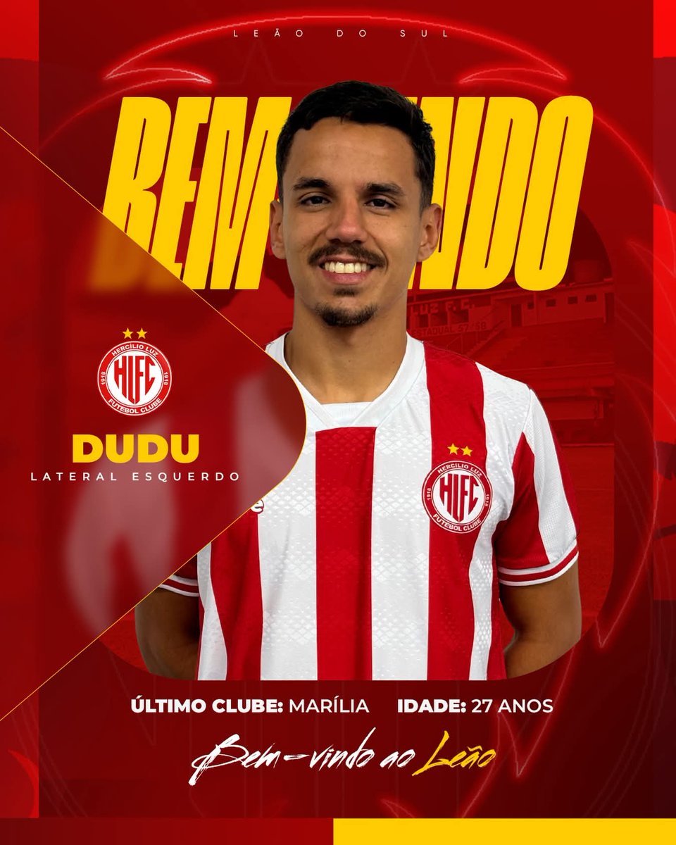 Lateral esquerdo Dudu, de 27 anos, foi oficialmente anunciado pelo Hercílio Luz. 

A chegada do jogador, que também estava no Marília, já havia sido antecipada por aqui.

Passagens por Athletic-MG, Linense, São Caetano e PSTC.

✅️🎯