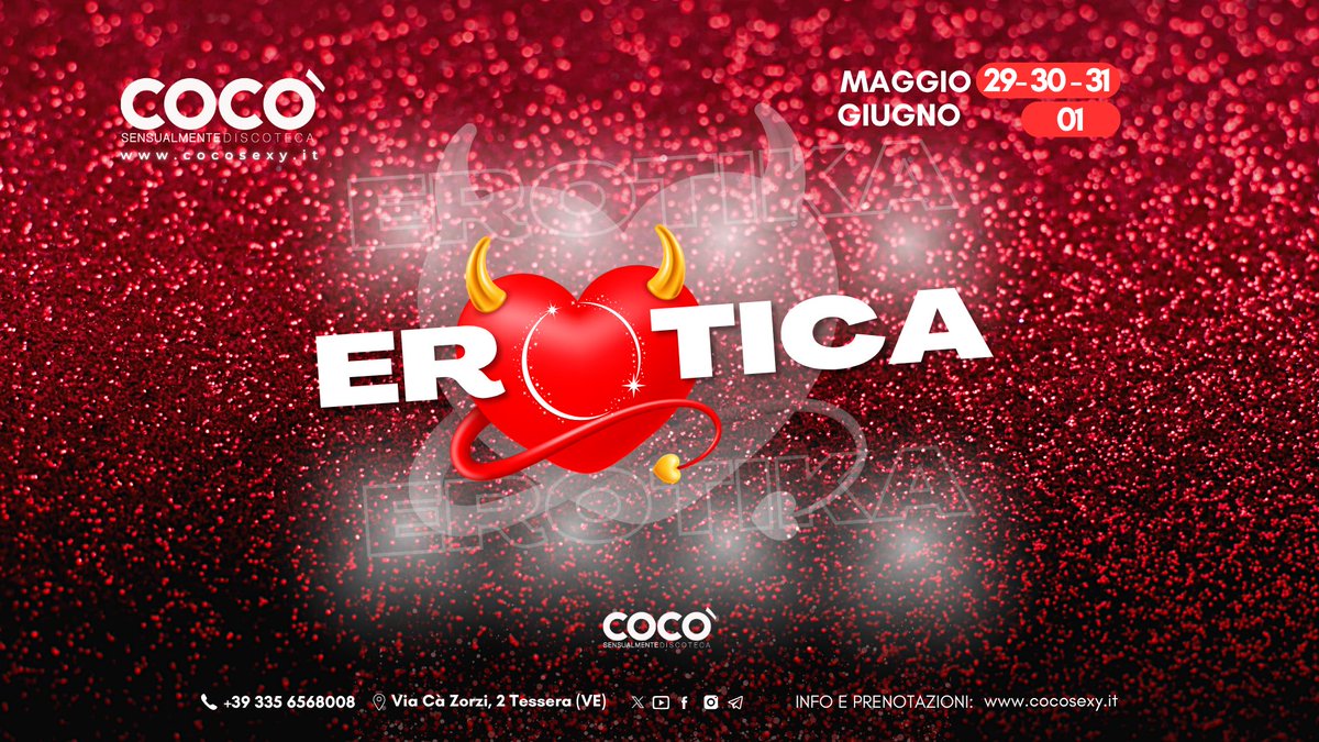 Cocolapdance's tweet photo. ✨🔥 RITORNA IL FESTIVAL PIÙ HOT DELL’ESTATE 🔥✨

📅 29 • 30 • 31 MAGGIO &amp; 1 GIUGNO
🎉 4 notti di show, musica, spettacolo e divertimento 😈🎶

🌴✨ GRANDE APERTURA DEL GIARDINO ESTIVO ✨🌴

🍸 COOCO’ aperto dal MERCOLEDÌ alla DOMENICA

📲 INFO &amp; PRENOTAZIONI
☎️ 335 656 8008 https://t.co/U92YJlovrz