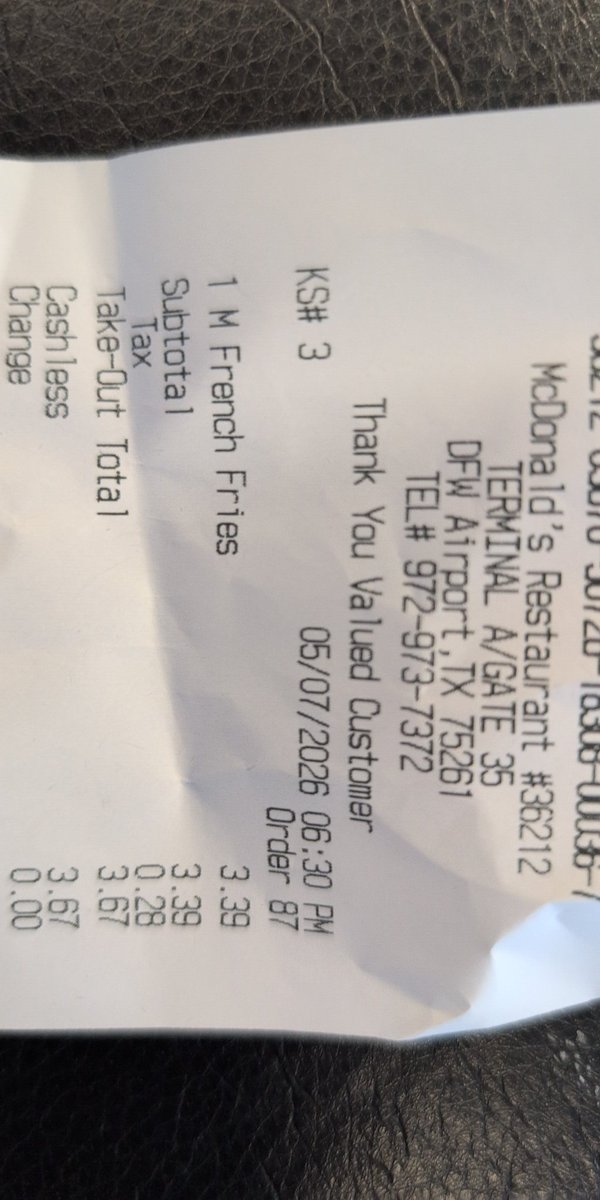Pabeard's tweet photo. A Medium French Fry from @McDonalds at DFW was $3.67 today. A full bag of tater tots from @kroger or @LidlUS is 2.99 serving a fam of 4. 

Friendly order taker told me it'd be >$5 if it was a large fry.

This is absolutely absurd. Receipts attached. 

&amp;  they don't accept loyalty https://t.co/ZhAISecU0u