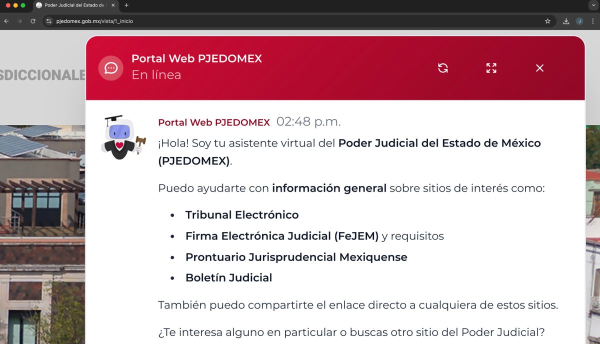 PJEdomex's tweet photo. #Comunicado📄
Justibot, nuevo asistente virtual del Poder Judicial del Edomex

•Además de facilitar la consulta inmediata de información y servicios judiciales, esta herramienta fortalece una justicia más accesible y eficiente para la ciudadanía, al reducir tiempos de búsqueda.

El Poder Judicial del Estado de México cuenta con una nueva herramienta tecnológica de Inteligencia Artificial IA, se trata de Justibot, un asistente virtual con función informativa y orientadora diseñado para las y los usuarios de los servicios de justicia; esta implementación agiliza la interacción, ya que opera de manera ininterrumpida desde cualquier dispositivo con acceso a internet.

Conoce más información ⬇️⬇️
https://t.co/LpAxWjrPq7