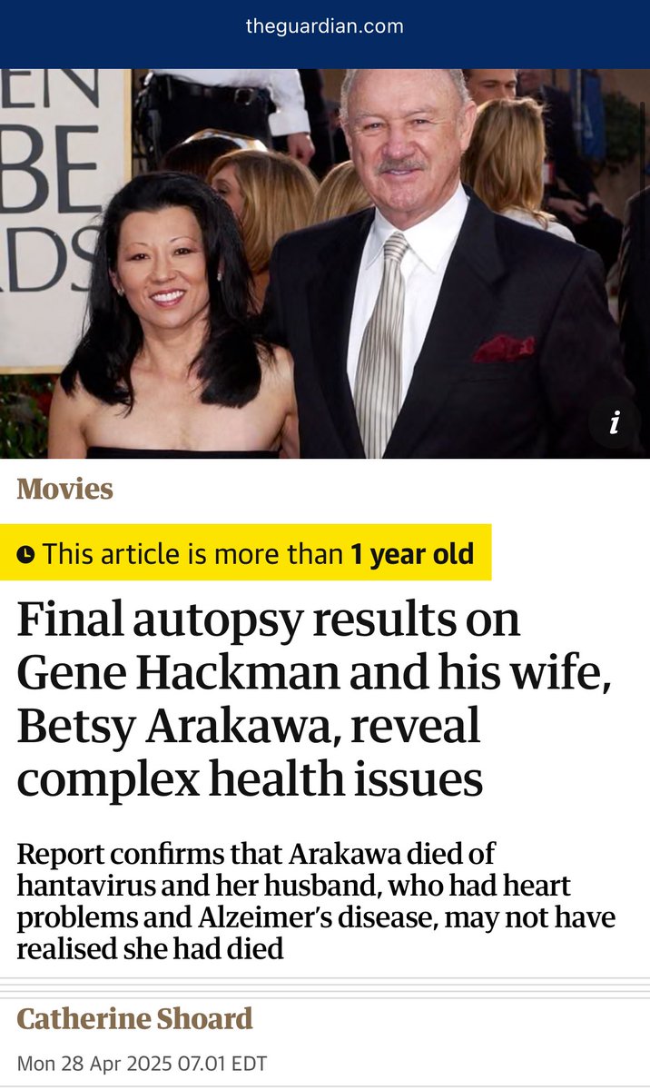 Gene Hackman wife died of Hantavirus over a year ago. So why the hell is everyone going insane right now… 

The CDC WHO all the 3 letter acronym clubs can just fuck off