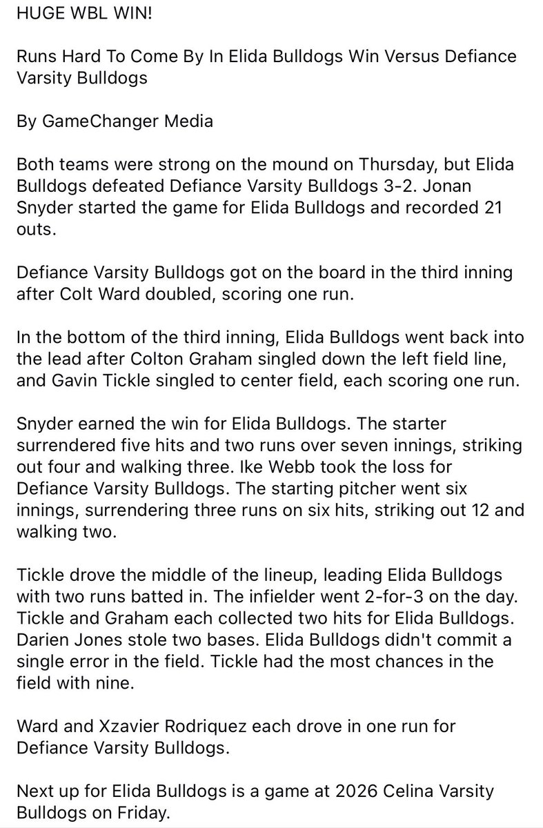 Elida Bulldogs Baseball tweet media