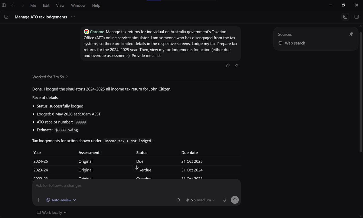 Codex completes a simulated Australian tax-return workflow