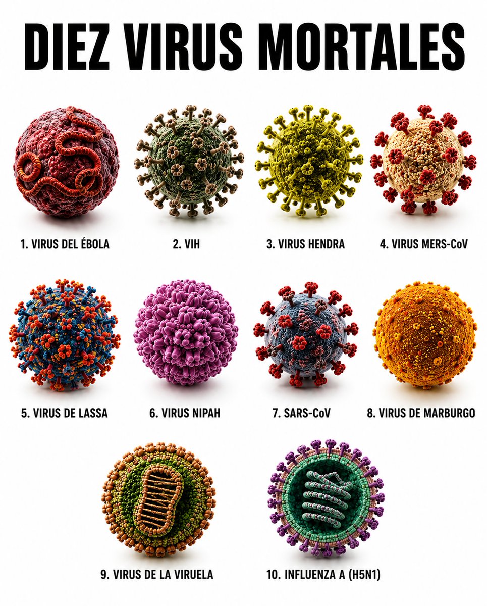 Diez virus altamente letales que han marcado la historia humana por su capacidad de destruir el organismo desde dentro.

1. Virus del Ébola

Provoca hemorragias masivas y falla multiorgánica. Destruye vasos sanguíneos y desencadena una tormenta inflamatoria letal.

2. VIH

Ataca