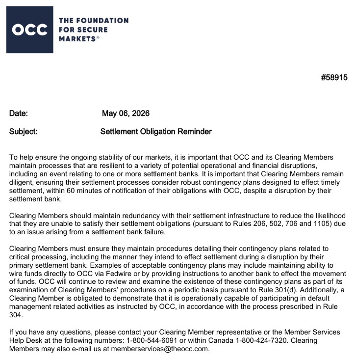 808CG1's tweet photo. OCC Memo #58915: Another Data Point in a 5‑Year Pattern of Settlement‑System Fragility, And Why It Matters for MMTLP

The newly released OCC Memo #58915 (May 6, 2026) is more than a routine reminder. It highlights the same structural weaknesses that enabled the MMTLP crisis and fits into a multi‑year pattern of warnings regulators never acted on.

📄 Memo #58915 reinforces that clearing members must be able to settle obligations within 60 minutes, even if their settlement bank fails, and must maintain redundant infrastructure.

These are the same failure points that surfaced during MMTLP, when firms repeatedly claimed they “could not deliver” shares during a non‑CNS, broker‑to‑broker settlement process.

The memo doesn’t mention MMTLP, but it speaks directly to the systemic fragility that allowed synthetic positions, failed deliveries, and opaque obligations to accumulate.

A 5‑Year Timeline: OCC Memos Showing a Pattern (2021–2026)

2021 Early Settlement Warnings - OCC flags that clearing members are struggling to meet delivery obligations in certain non‑CNS securities — the same environment where early MMTLP settlement issues were forming.

2022 MMTLP Approaches Corporate Action - Clearing members again report difficulty delivering shares. OCC requires written statements asserting they “could not deliver,” a red flag that went unaddressed.
These unresolved obligations set the stage for the December 2022 halt.

2023-2024 Post‑Halt Scrutiny - Industry memos focus on operational resiliency, default‑management capability, and settlement‑bank dependency, the same mechanics that failed during MMTLP.

2025 Heightened Focus on Preparedness - OCC stresses contingency planning and redundancy as public pressure and FOIA disclosures intensify.

2026 Memo #58915 - OCC explicitly warns that clearing members must settle within 60 minutes even if their settlement bank fails.
The memo emphasizes redundancy, contingency plans, and operational capability, the same gaps that allowed MMTLP’s unresolved positions to persist.

Why This Matters

The MMTLP crisis wasn’t an anomaly, it was the predictable outcome of a settlement system regulators themselves repeatedly flagged as fragile. Memo #58915 is another confirmation that:
· Settlement failures are a systemic risk
· Clearing members lacked adequate redundancy
· Operational disruptions can cascade into market‑wide consequences
· The infrastructure that failed MMTLP investors is still being reinforced years later

For the MMTLP community, this memo reinforces what many have argued since 2022:

The system broke down, regulators knew the vulnerabilities, and the consequences fell on investors. 

When will you resolve MMTLP? What say you @SECPaulSAtkins "We'll see?"

@VP @JDVance @timburchett @annvandersteel @TheRobbCarter @nicksortor @kshaughnessy2