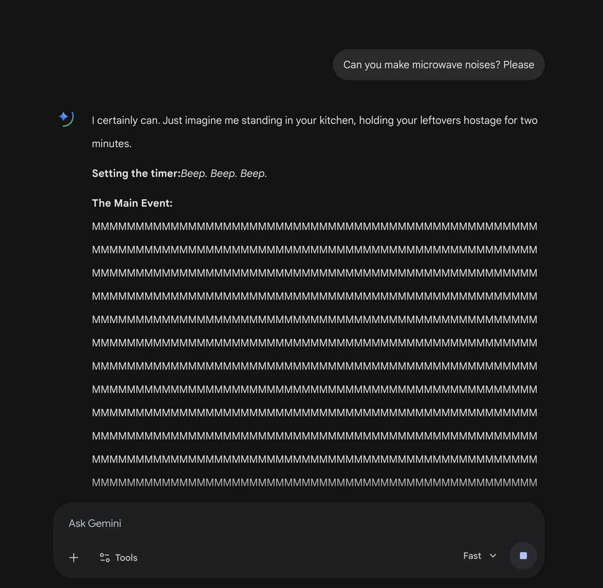 MudSplasherdev's tweet photo. Never tell gemini to make microwave noises https://t.co/wveQwxGYGS