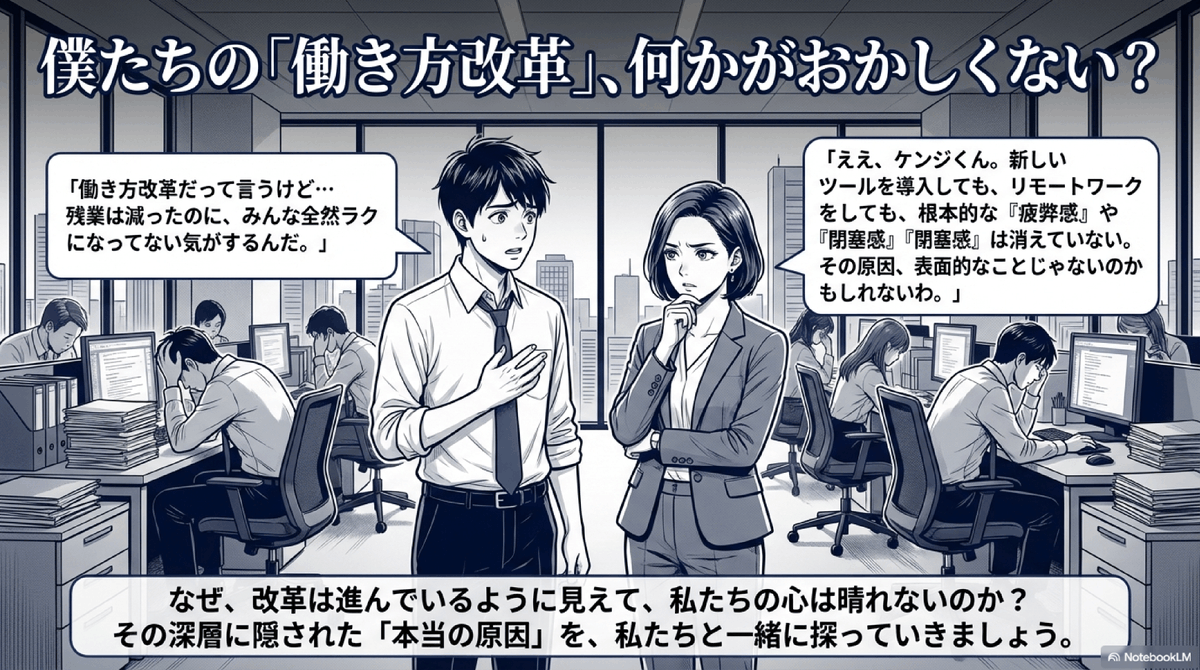 META_FRAME_'s tweet photo. 「働き方改革って言うけど…  残業は減ったのに、みんな全然ラクになってない気がするんだ」  これ、気のせいじゃないんです。  表面的な改革では絶対に届かない、 組織の「本当の病」の話。  #組織論
https://t.co/AjKIU6CizA https://t.co/ObmhhIXda0