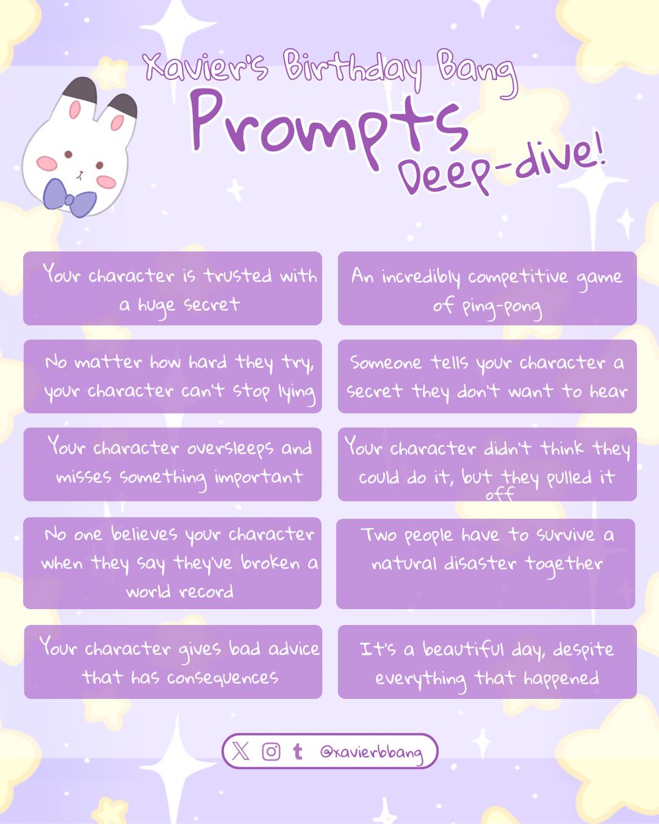 xavierbbang's tweet photo. ༄˖°.🪐.ೃ࿔:･

Space travelers, remember our Prompt List?

Let's check out our prompts again in more detail~ Which ones are your favorites? Our Organizers particularly love "Mental breakdown in Aisle Five" and "Your character reveals their true self"

#xavierbbang https://t.co/deYT6f3kkD