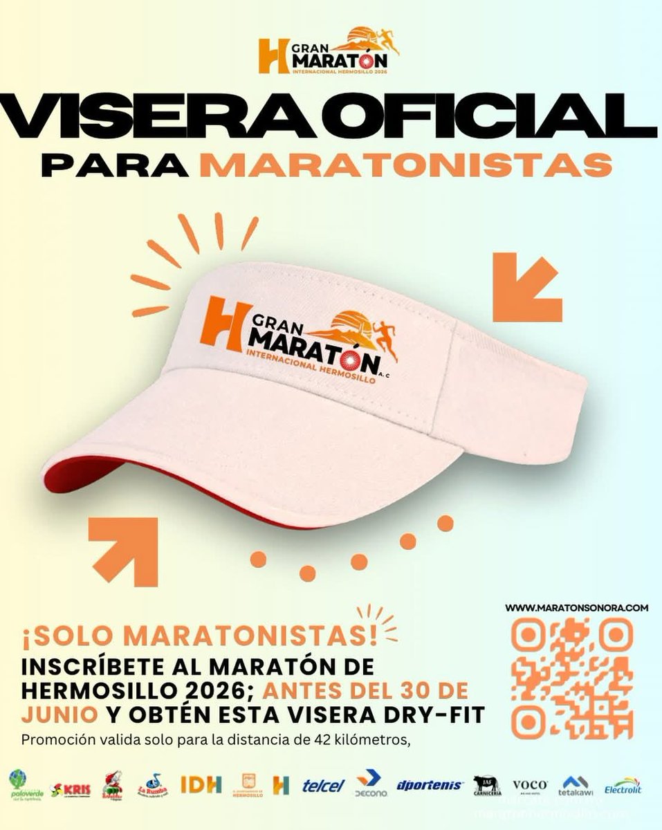 Maraton_Hmo's tweet photo. ¡LA VISERA OFICIAL DEL 42K YA ESTÁ AQUÍ! 🔥

Promoción válida únicamente para participantes de la distancia de 42 kilómetros.

📅 Inscríbete en la distancia de 42Km antes del 30 de junio de 2026 y obtén esta visera DRY-FIT exclusiva para maratonistas. https://t.co/Y1q7pVnYgi