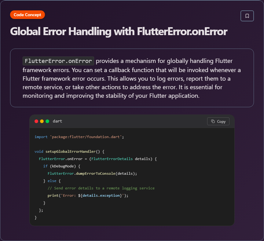 techielearnapp's tweet photo. ✨ Global Error Handling with FlutterError.onError

#Flutter #MobileDev #CrossPlatform #FlutterDev #100DaysOfCode #DevLife https://t.co/OoyVadDtpE
