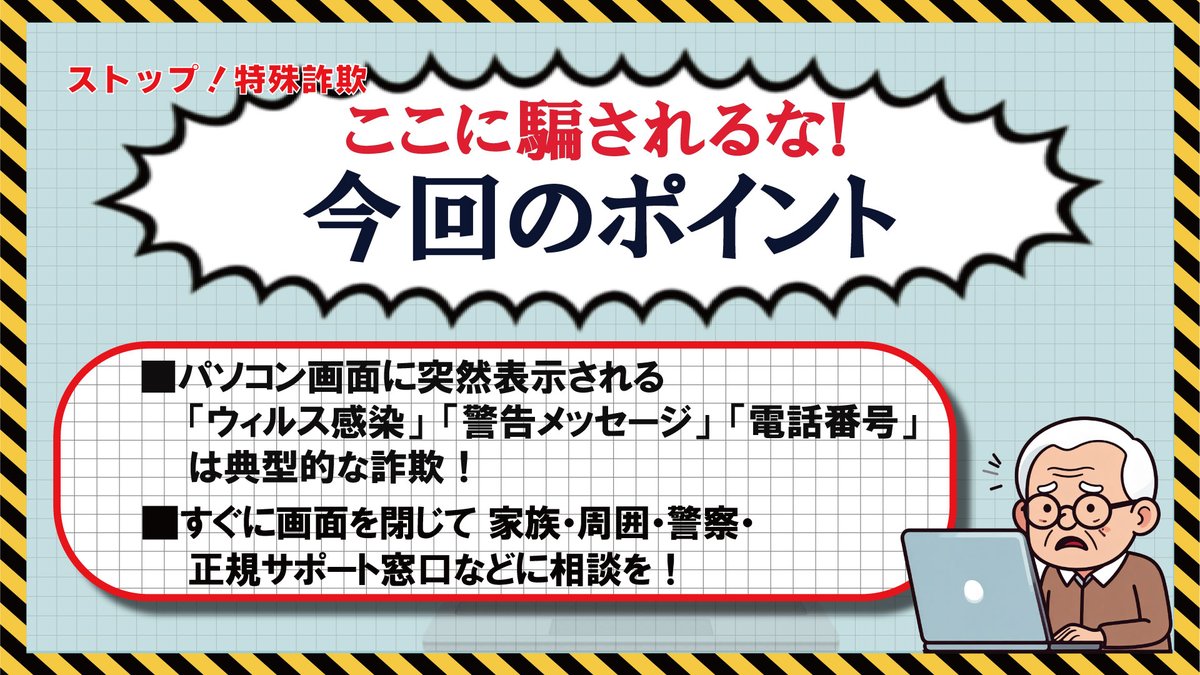 ycvch_official's tweet photo. ⚠️YCVエリアの特殊詐欺発生状況⚠️
集計期間:4月27日(月)~30日(木)
#旭区 で多く被害が発生���ています。
パソコン画面に突然表示される「ウィルス感染」「警告メッセージ」は典型的な詐欺の手口です!
すぐに画面を閉じて、家族や正規のサポート窓口に相談してください。
#YCV #横浜市 #特殊詐欺 #警察
