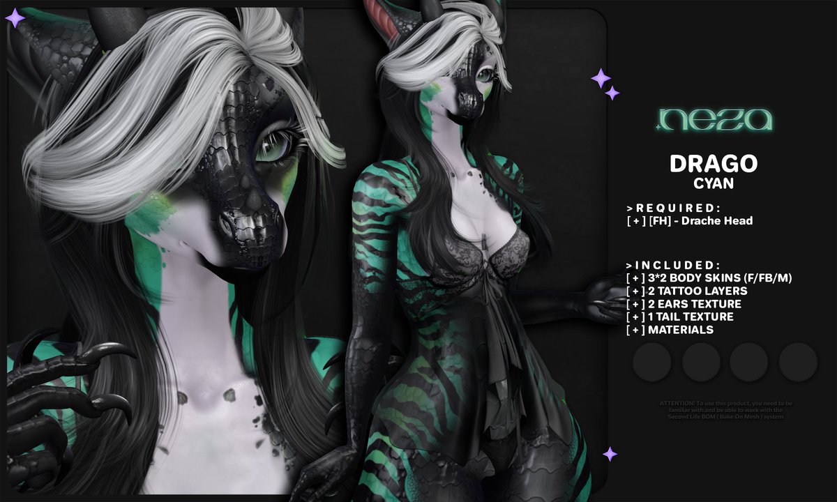 nezatraq's tweet photo. Honestly, I'm almost proud of them, they turned out gorgeous

Abnormality has begun!!

I'm a little behind on all the releases, but now you can get the DRAGO (10 COLORS) mod for Drache, eyelashes, eyebrows and mouth textures
TAXI: https://t.co/W9oXBVsTrN

#SecondLife #FurrySL https://t.co/j2yYE7W6Hg