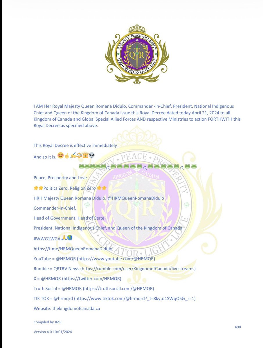 Michael64973675's tweet photo. April 21, 2024

In the Kingdom of Canada

Notice to one is notice to all,

Royal Decree 0000000222# 
Re: Safety, Security and Sovereignty of the Kingdom of Canada - Prohibition, Cancellation and Nullification of all Cooperation with The World Health [WHO] Organization, 2] United Nations [UN] 3]
World Economic Forum [WEF] in the Kingdom of Canada

https://t.co/z3hxtKMnHK 💜👑🐝