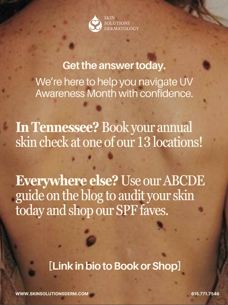 SkinSolutionsD's tweet photo. 1 in 5 Americans will be diagnosed with skin cancer—the most common cancer in the U.S. 

We’re kicking off #SkinCancerAwarenessMonth with a guide to the ABCDE rule. 🛡️✨

Read more &amp; book your check-up: https://t.co/pqZE8xQKQR

#SkinCancer #SkinCheck #Nashville #ABCDErule https://t.co/zlKN83d5tM