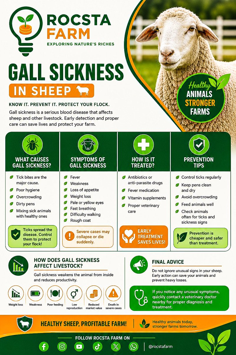 Rocsta_farm's tweet photo. 🐑 Gall sickness can weaken sheep, reduce productivity, and cause serious farm losses if ignored. Early detection, proper treatment, and tick control can save your flock.

Healthy sheep = profitable farming. 🌱

#RocstaFarm #LivestockHealth #SheepFarming #Agriculture https://t.co/FnjICitegZ