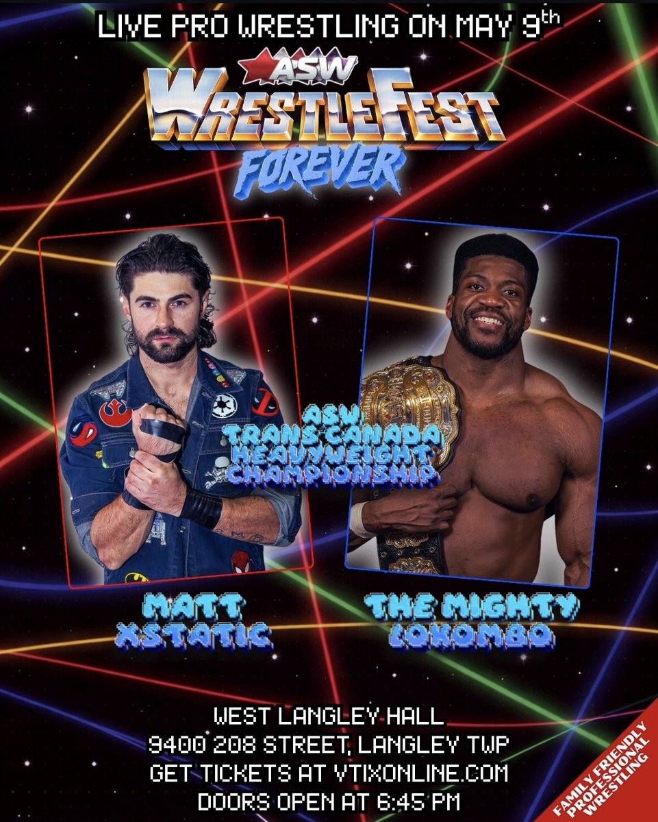ProWrestleHub's tweet photo. It's time for @ASWCANADA Wrestlefest Forever this Saturday, May 9th in Langley!!
Front Row Tix already SOLD OUT⚠️

📆 Saturday, May 9th
🔔 7:30pm
📍 West Langley Hall, Langley 
🎟 https://t.co/jWv7KHKEup

#prowrestling #supportindywrestling #pnwwrestling https://t.co/n6MqDTRplS