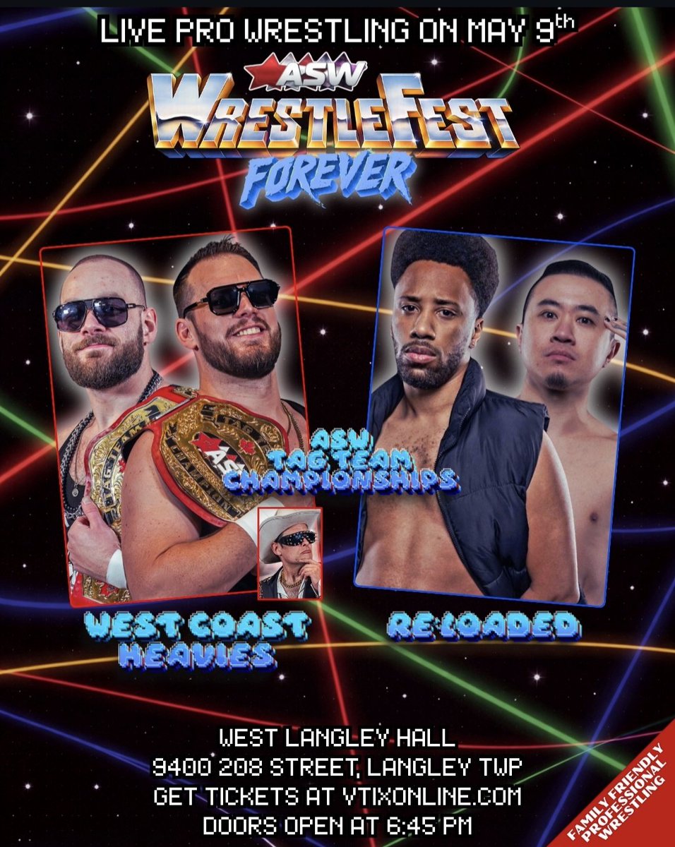 ProWrestleHub's tweet photo. It's time for @ASWCANADA Wrestlefest Forever this Saturday, May 9th in Langley!!
Front Row Tix already SOLD OUT⚠️

📆 Saturday, May 9th
🔔 7:30pm
📍 West Langley Hall, Langley 
🎟 https://t.co/jWv7KHKEup

#prowrestling #supportindywrestling #pnwwrestling https://t.co/n6MqDTRplS