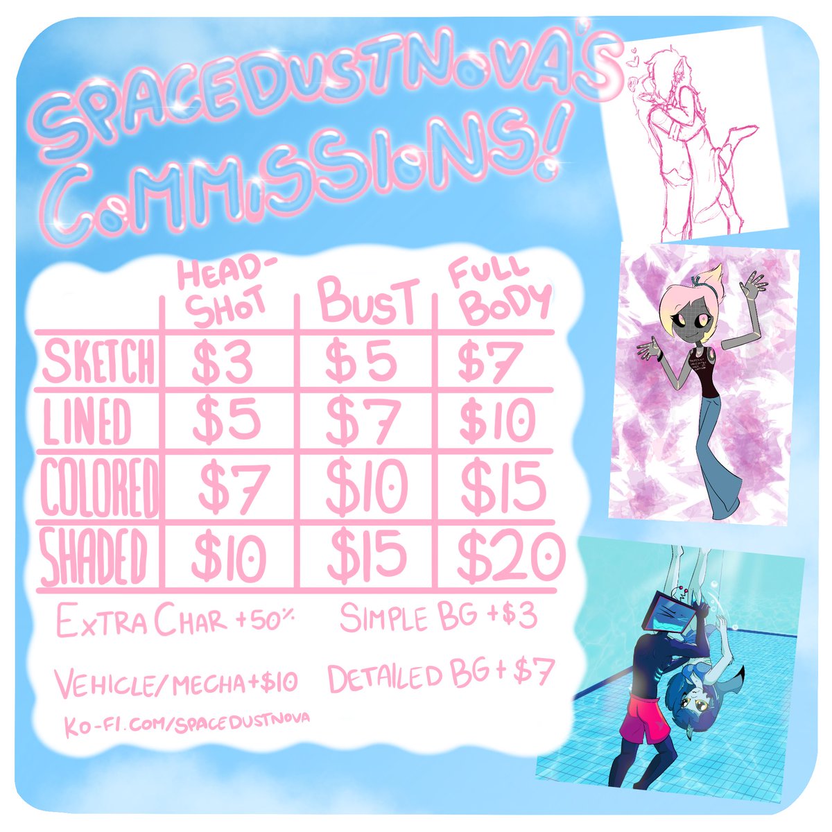 SpaceDustNova's tweet photo. Good news, everyone! Comms are now open! (I need sweet cash to meet Mr. Cborle at Fanexpo) DM if you’re interested! 💗 https://t.co/wPrcEAzdTm